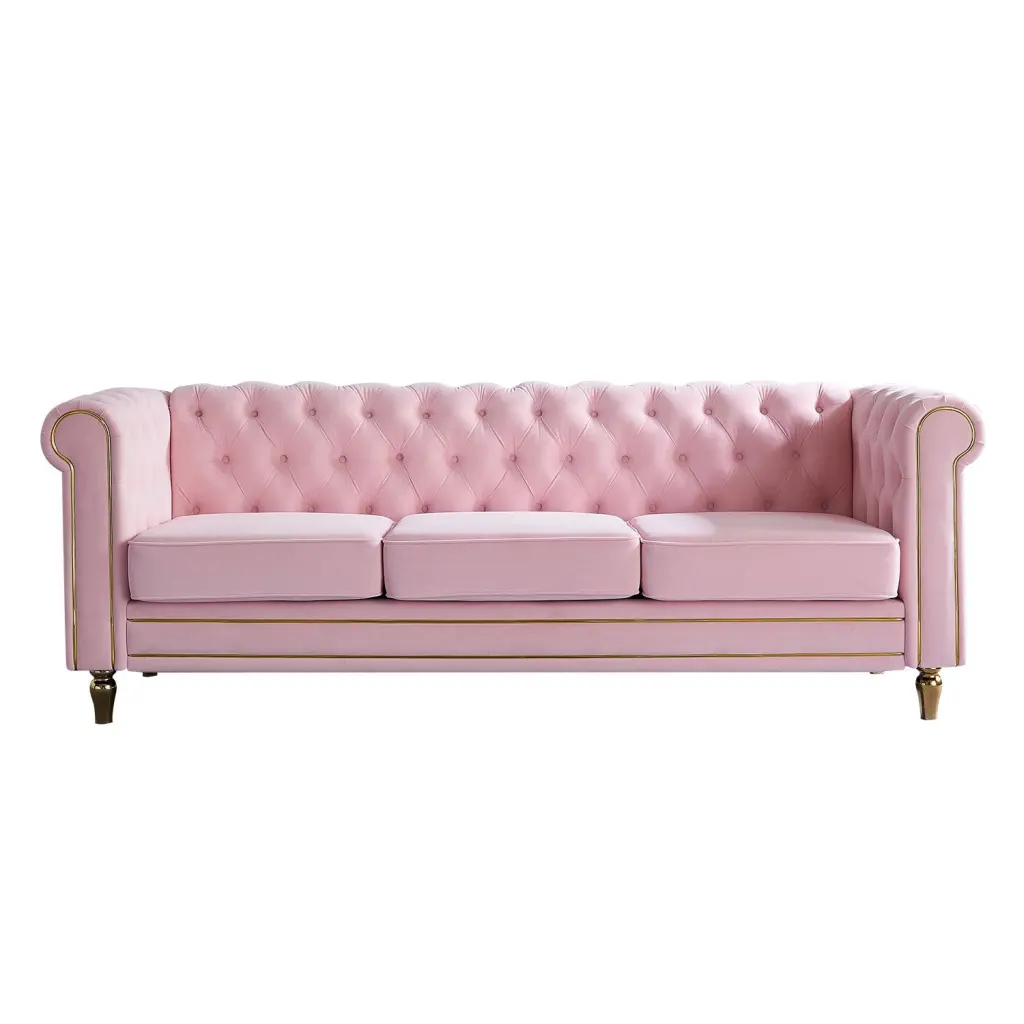 Chesterfield Velvet Sofa 84.65 Inch Pink Color Living Room Couch wq furniture