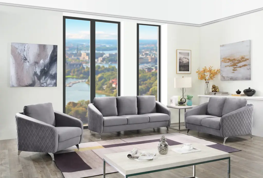 Sofia Gray Velvet Fabric Sofa Loveseat Chair Living Room Set lilola home