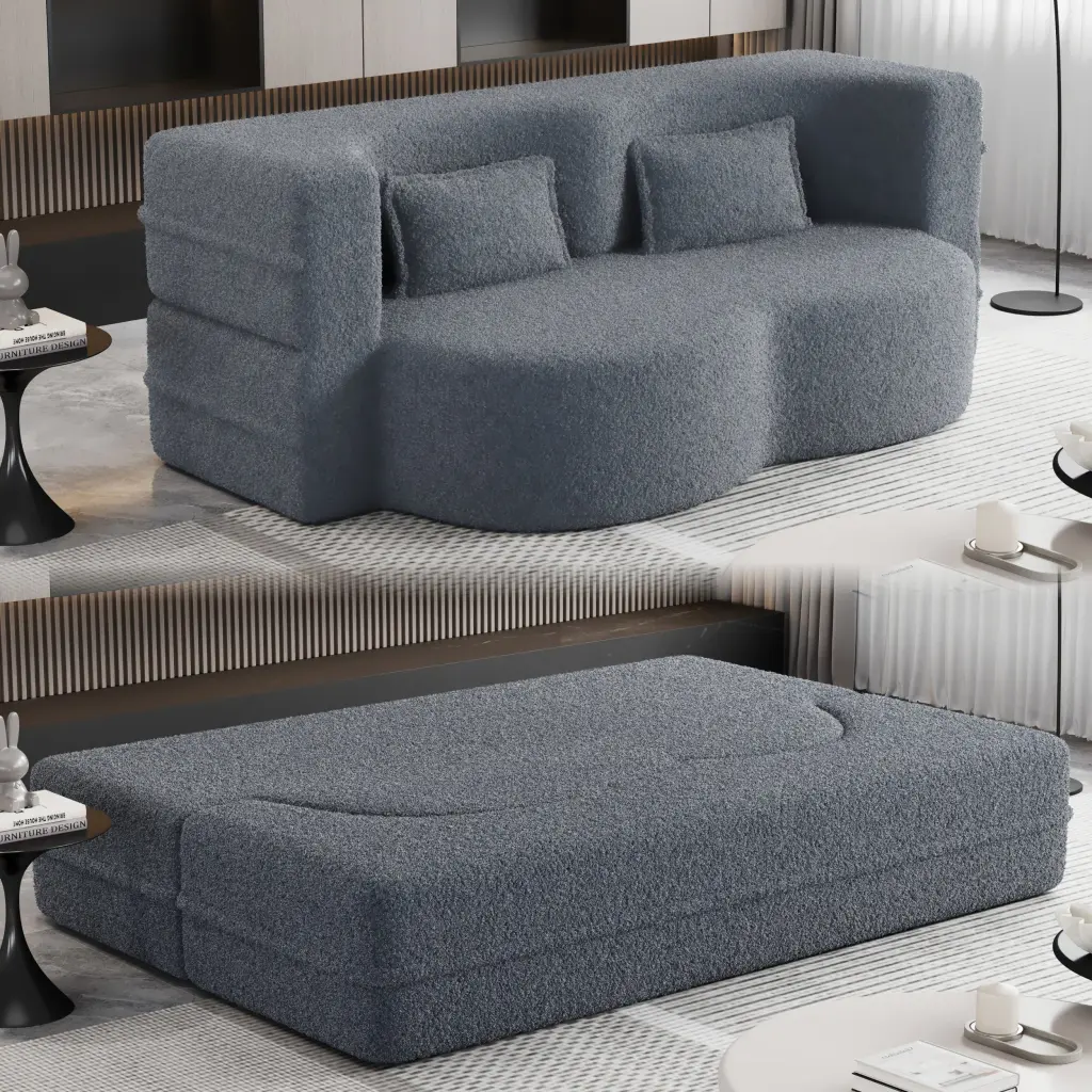 Modern Floor Sofa 2 Pillows Convertible Teddy Fabric Foam Filled bobby furniture