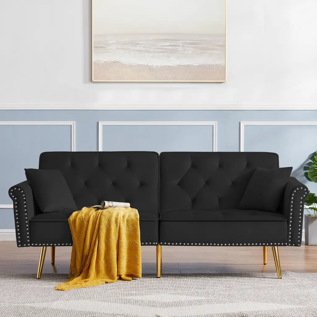 Black Velvet Tufted Sofa Couch 2 Pillows And Trim Living Room cy furniture