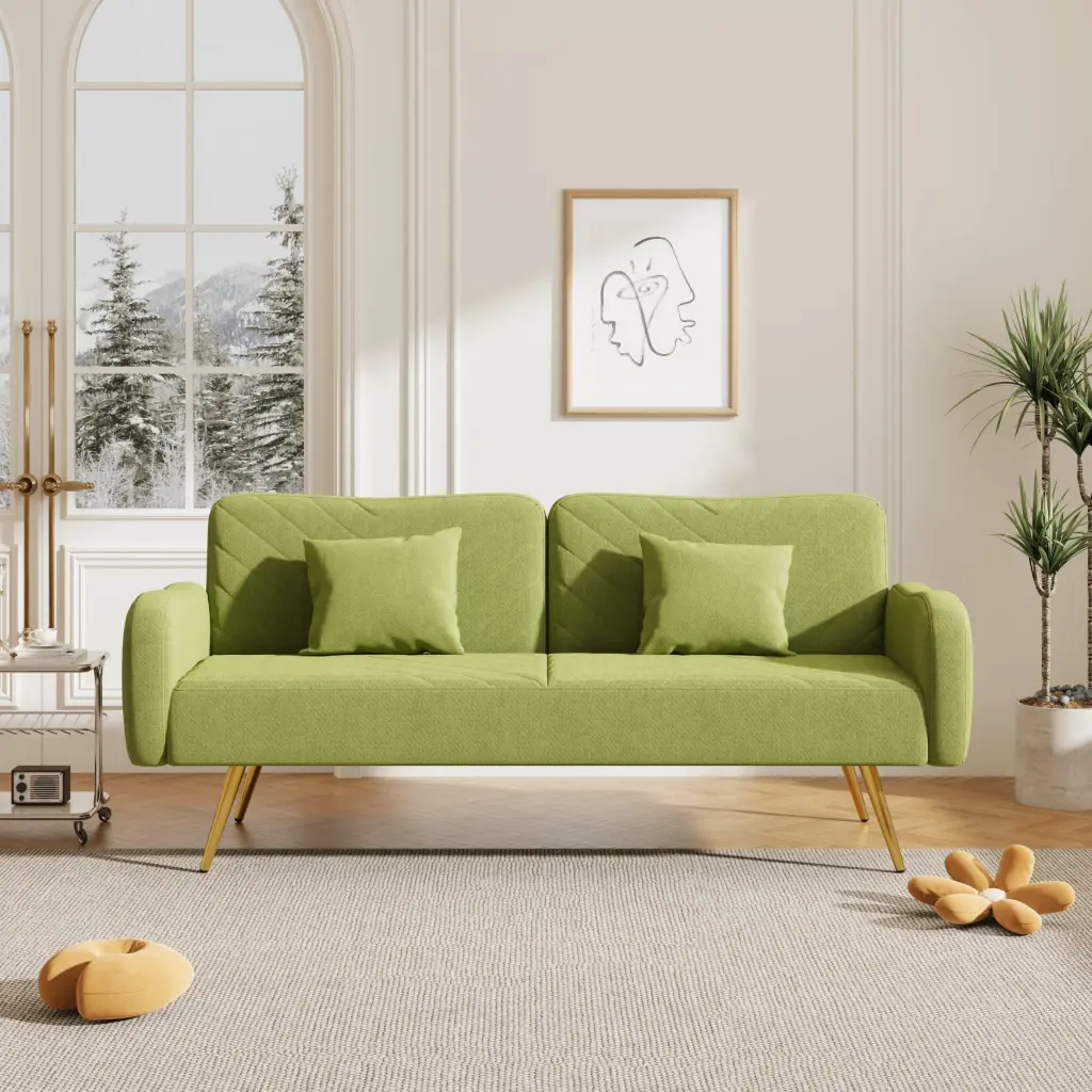 70.47 Inch Green Fabric Double Sofa Split Backrest and Two Throw Pillows fan chen furniture