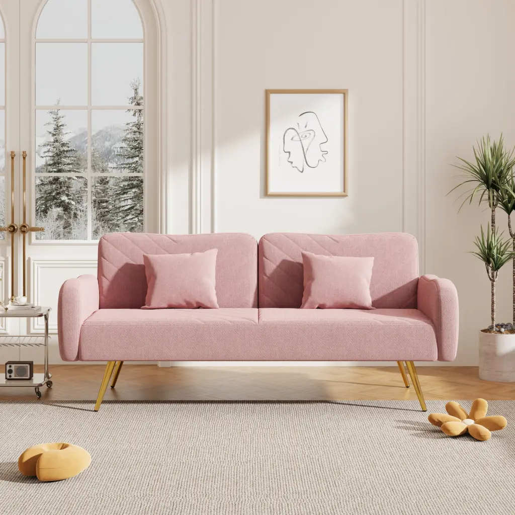 70.47 Inch Pink Fabric Double Sofa Split Backrest and Throw Pillows fan chen furniture