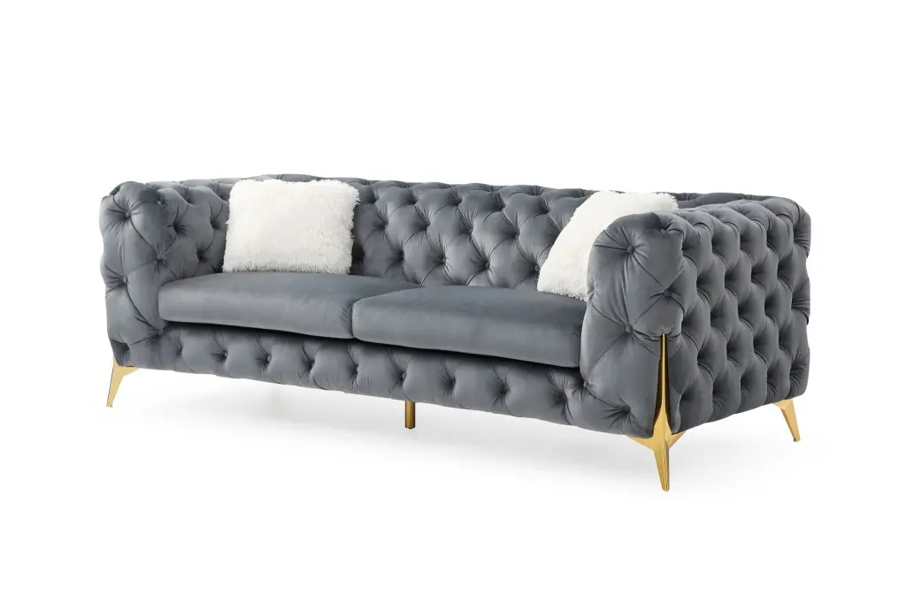 Moderno Tufted Sofa Gray Velvet Fabric Wood Finish galaxy home furnishings