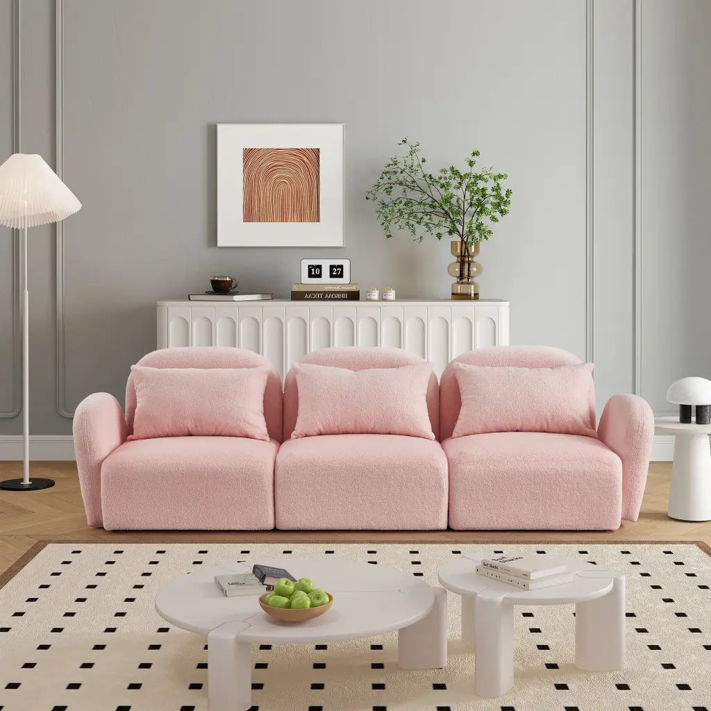 Living Room Furniture Three Seat Lazy Sofa Teddy Fabric Pink Foam hdf store