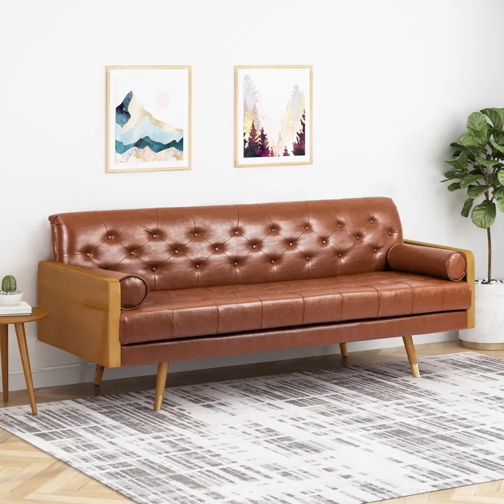Adelaide Mid Century Modern Tufted Sofa Rolled Accent Pillows Light Fabric nh-inmax