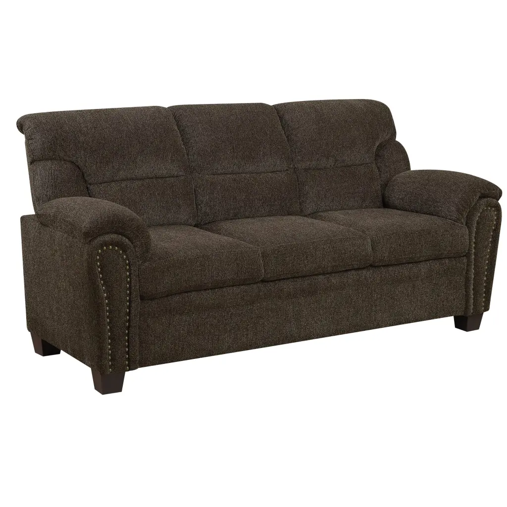 Transitional Chenille Fabric and Wood Sofa Padded Armrests Brown Living Room royal hampton