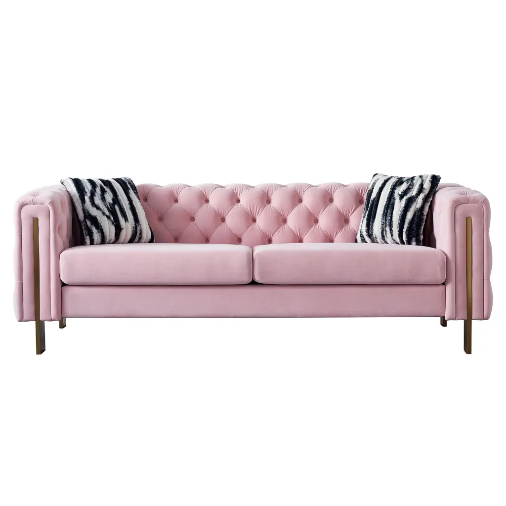 Chesterfield Modern Tufted Velvet Living Room Sofa 84.25 Inch Wide Pink Couch wq furniture