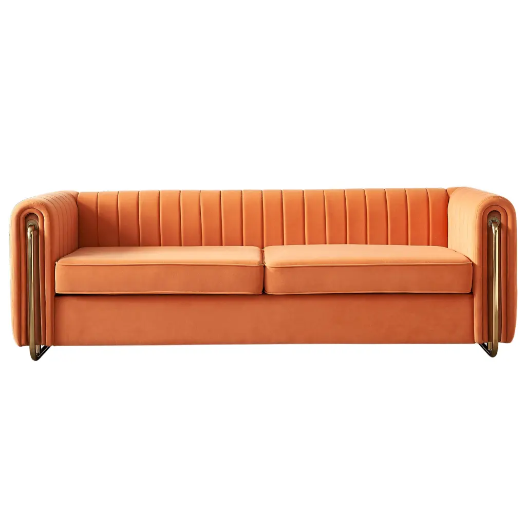 Contemporary Velvet Sofa Couch 84.25W Living Room Orange wq furniture