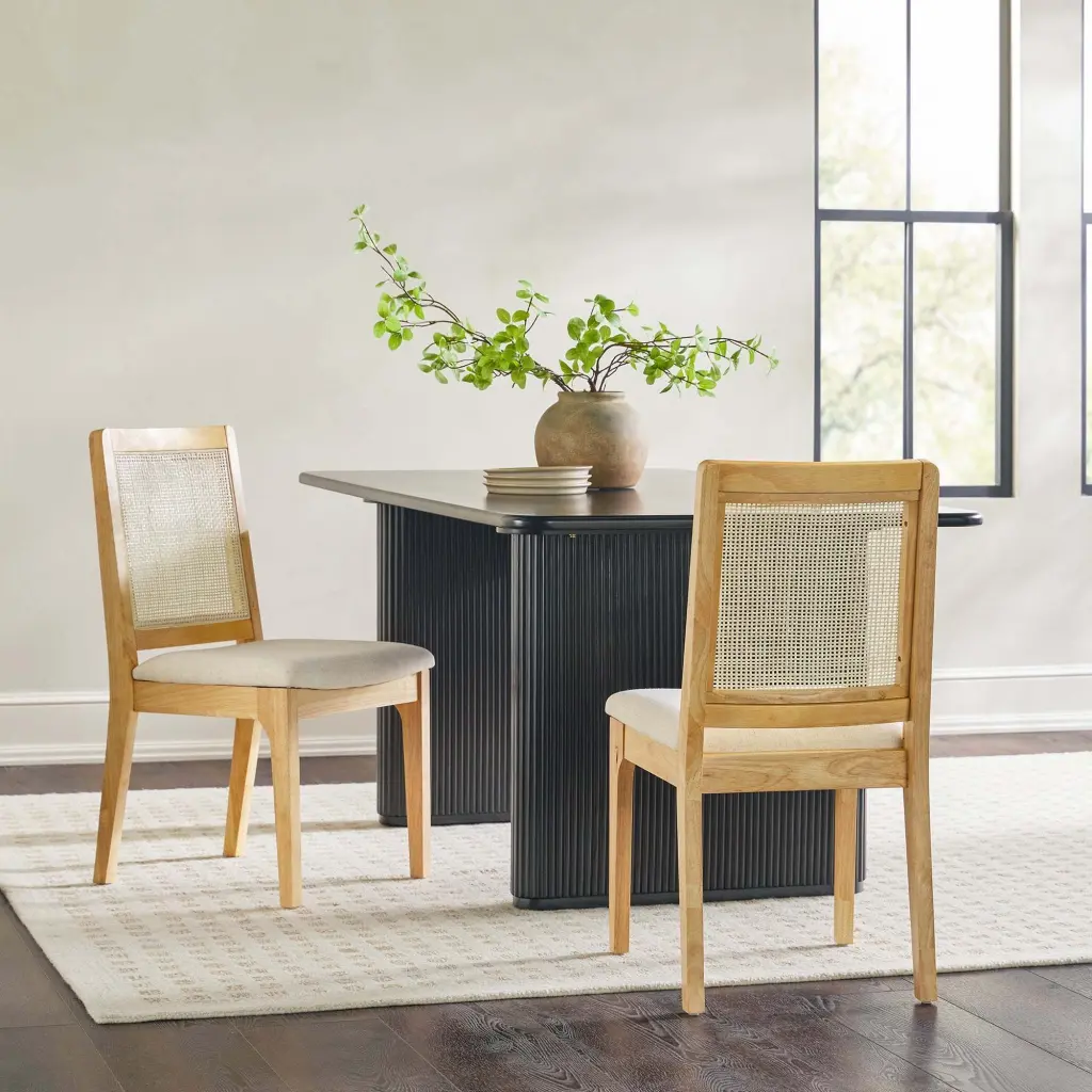Modern Solid Wood Dining Chair Rattan Inset Back Set 2 Natural Finish walker edison