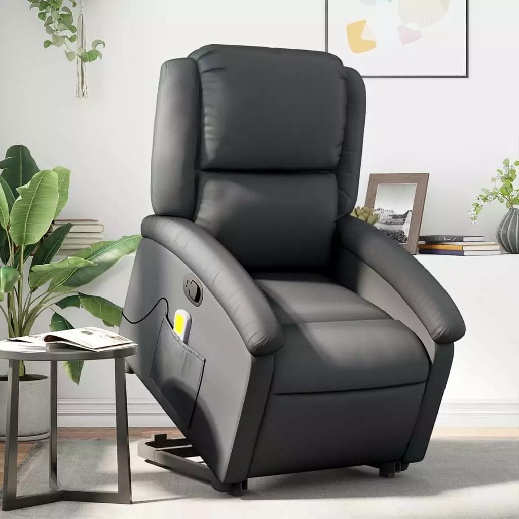vidaXL Stand Up Massage Recliner Chair Black Real Leather Relaxation