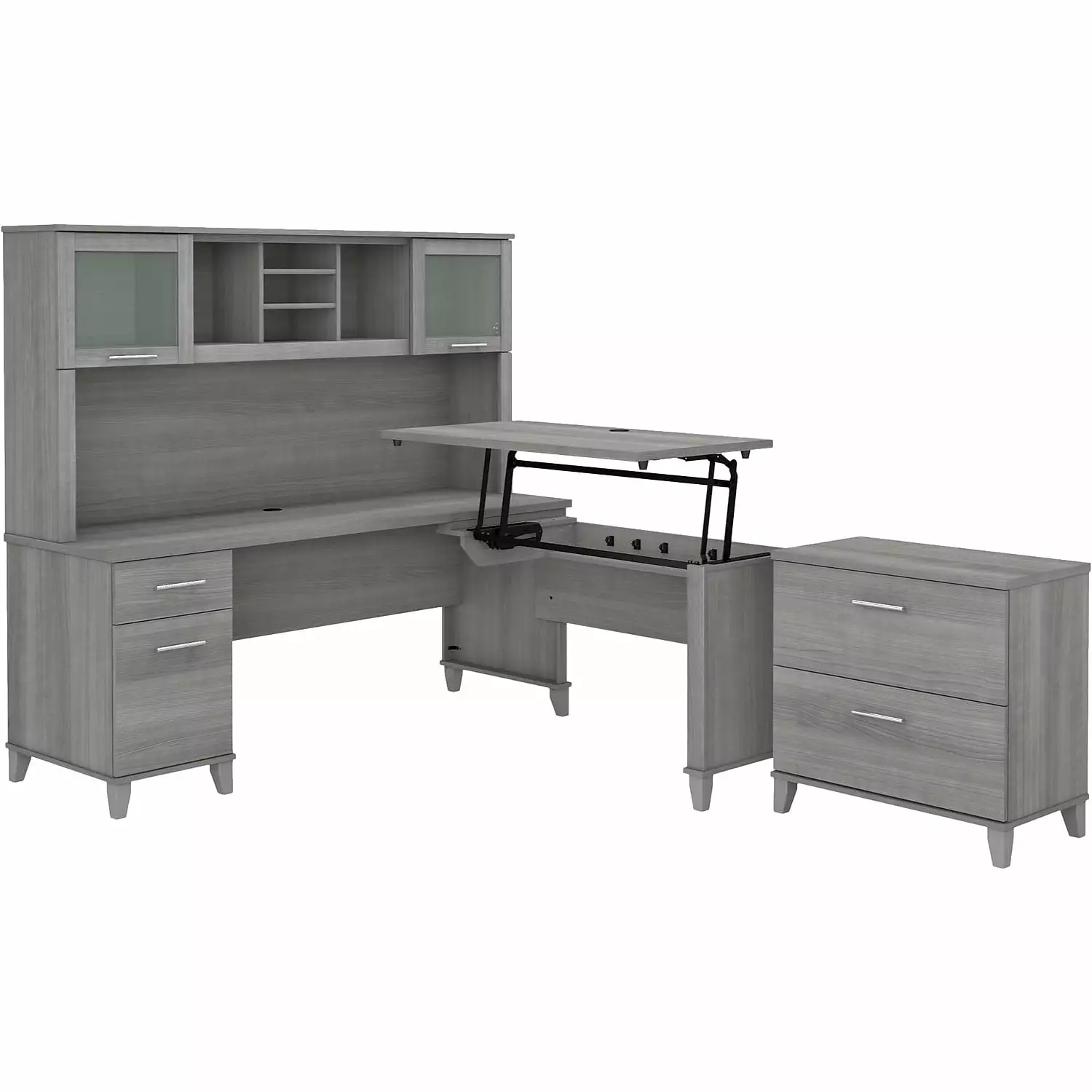 Somerset Sit-Stand L Desk Hutch and File Cabinet Gray Engineered Wood Bush Furniture