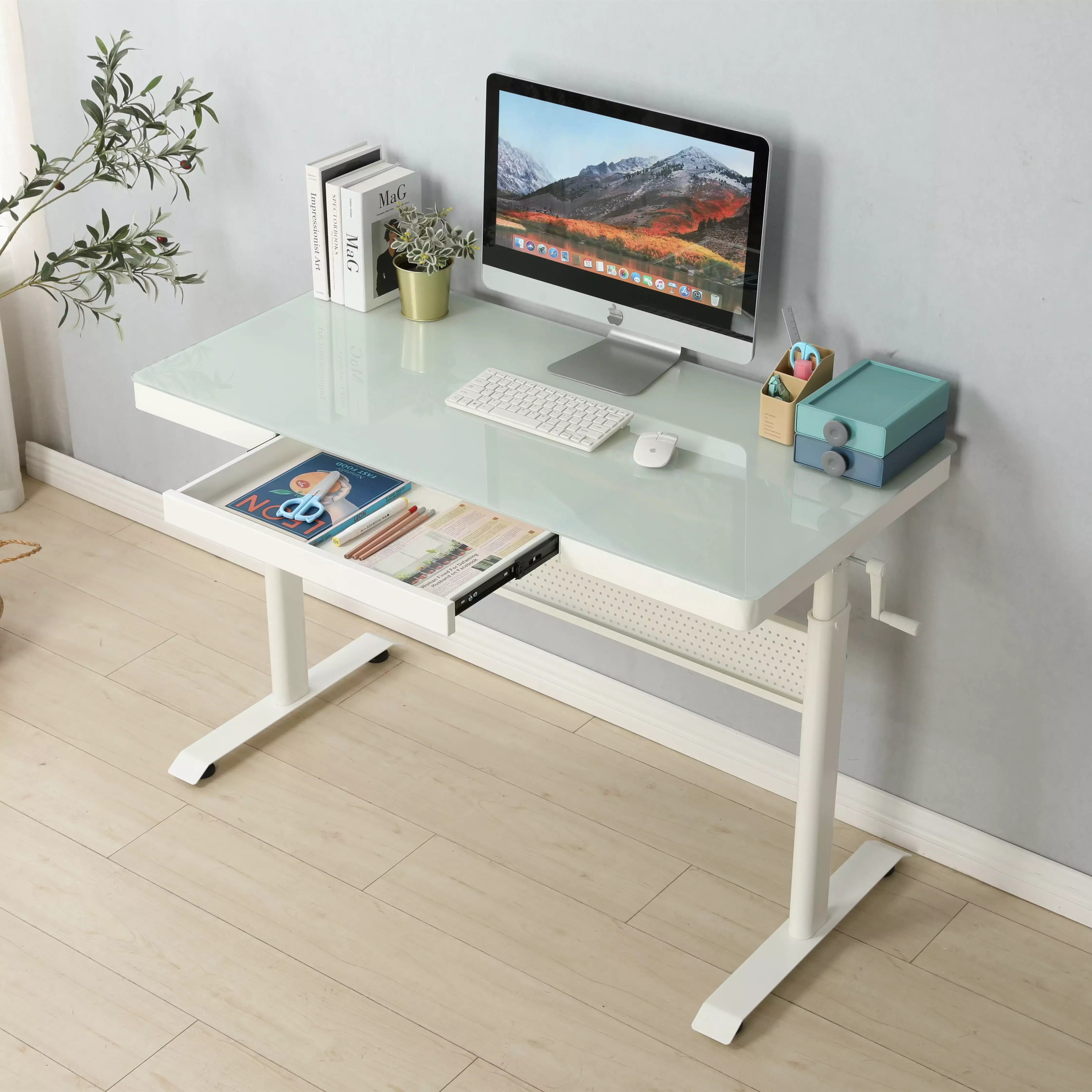 DeeHome 48 x 24 Inches Tempered Glass Standing Desk Metal Drawer Adjustable Height Ergonomic Workstation