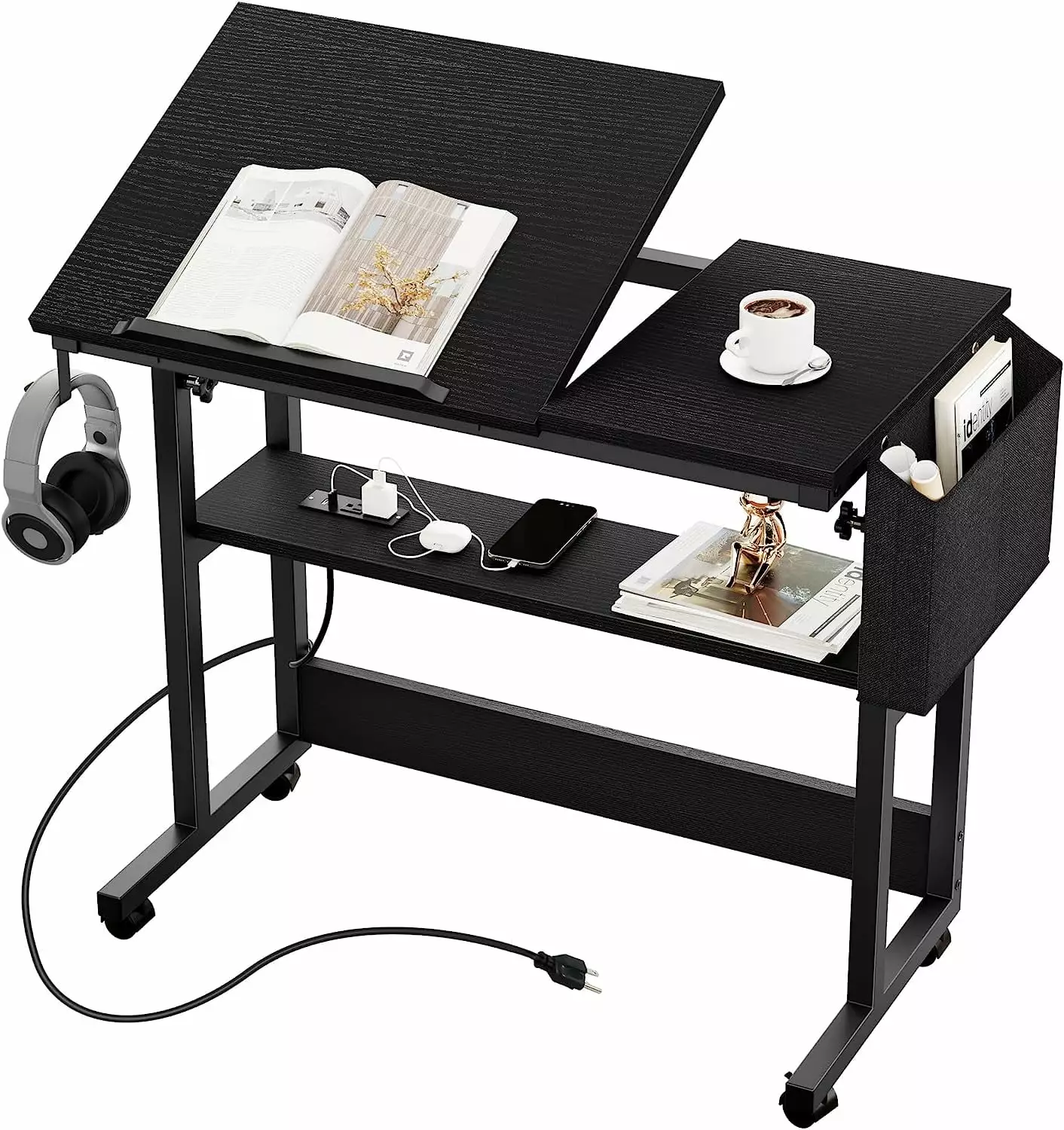 Dextrus Height Adjustable Table Charging Station Portable Desk Wheels Small Standing Rolling Computer Desk Black
