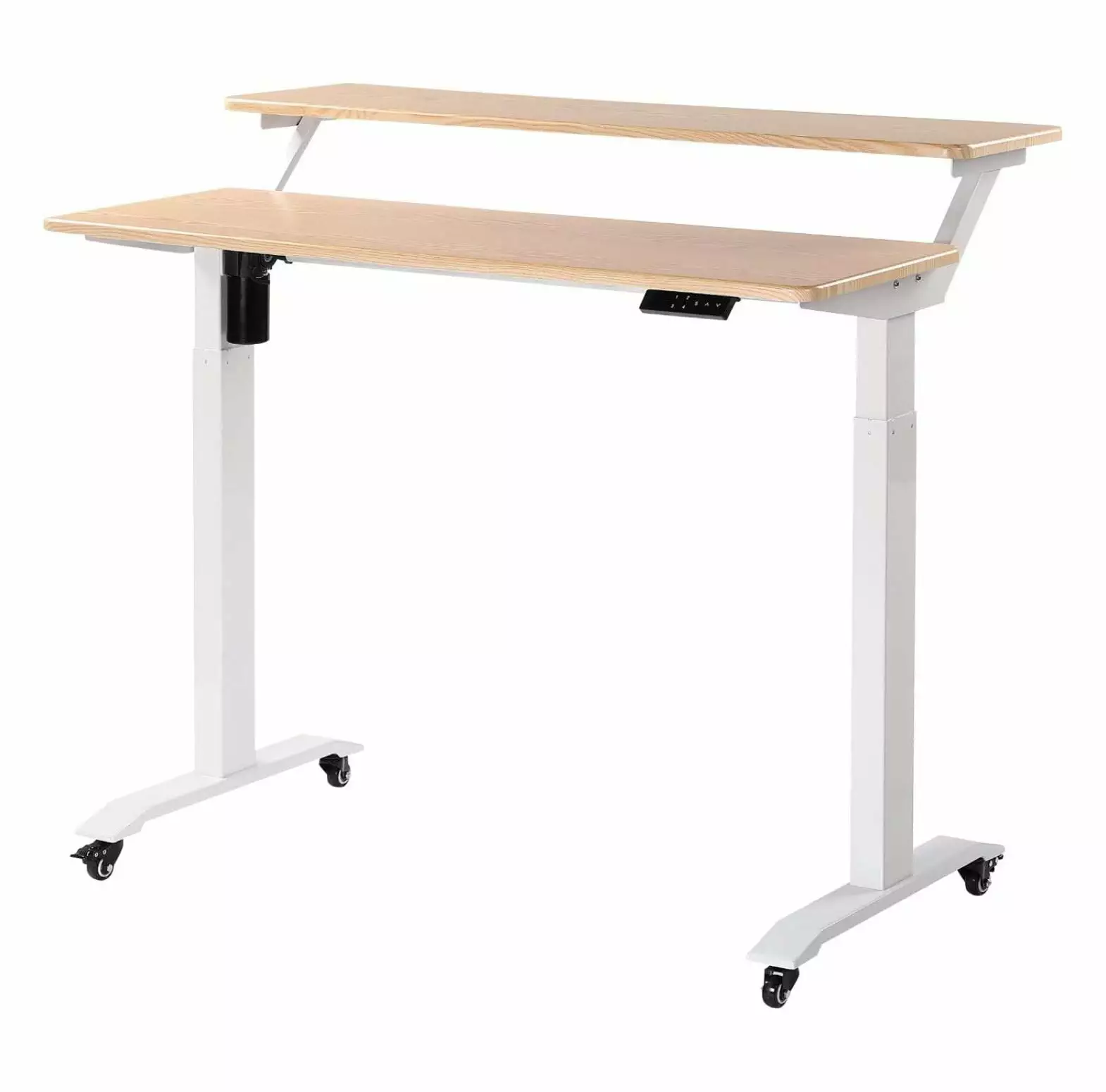 Drevy 2 Tier Electric Height Adjustable Standing Desk Light Oak Top White Legs Home Office