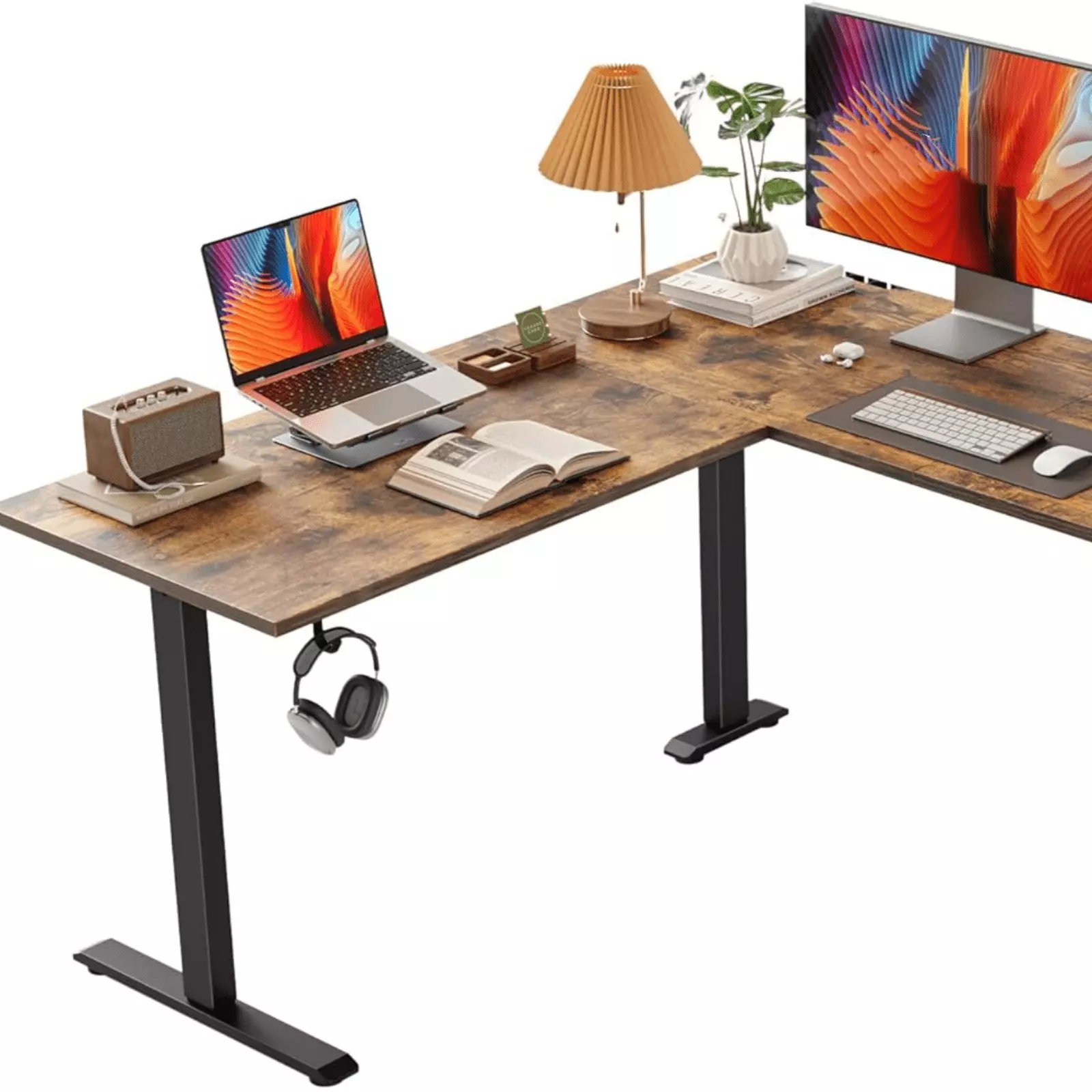 L Shaped Standing Desk Adjustable Height Electric Corner Desk 63x55 Rustic Brown Sit Stand Table FHWM2