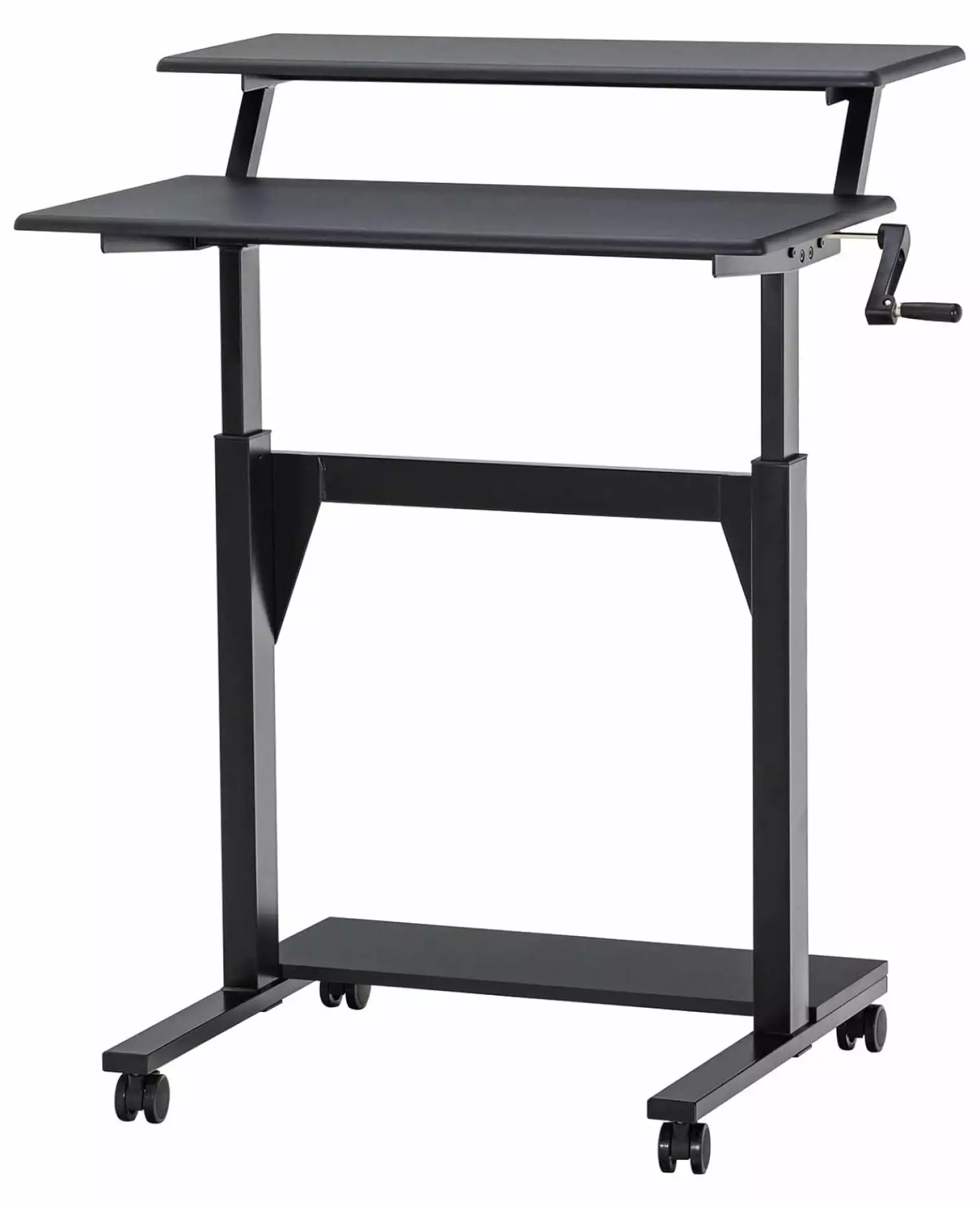 Jadona C Crank Adjustable Height Standing Desk - 2 Tier Mobile Rolling Desk - Black Frame Black Top