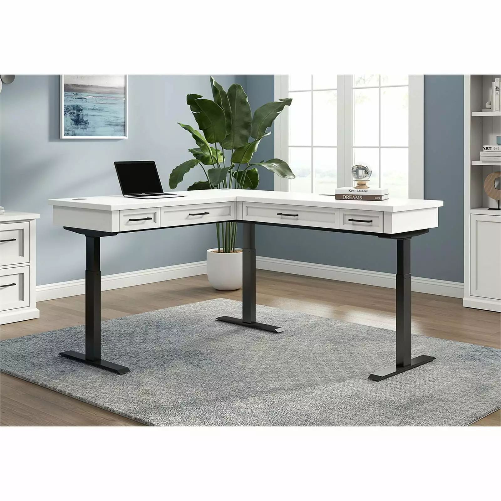 Modern Electric Sit/Stand L-Desk and Return Height Wood Desk White - Adjustable Workspace Martin Furniture