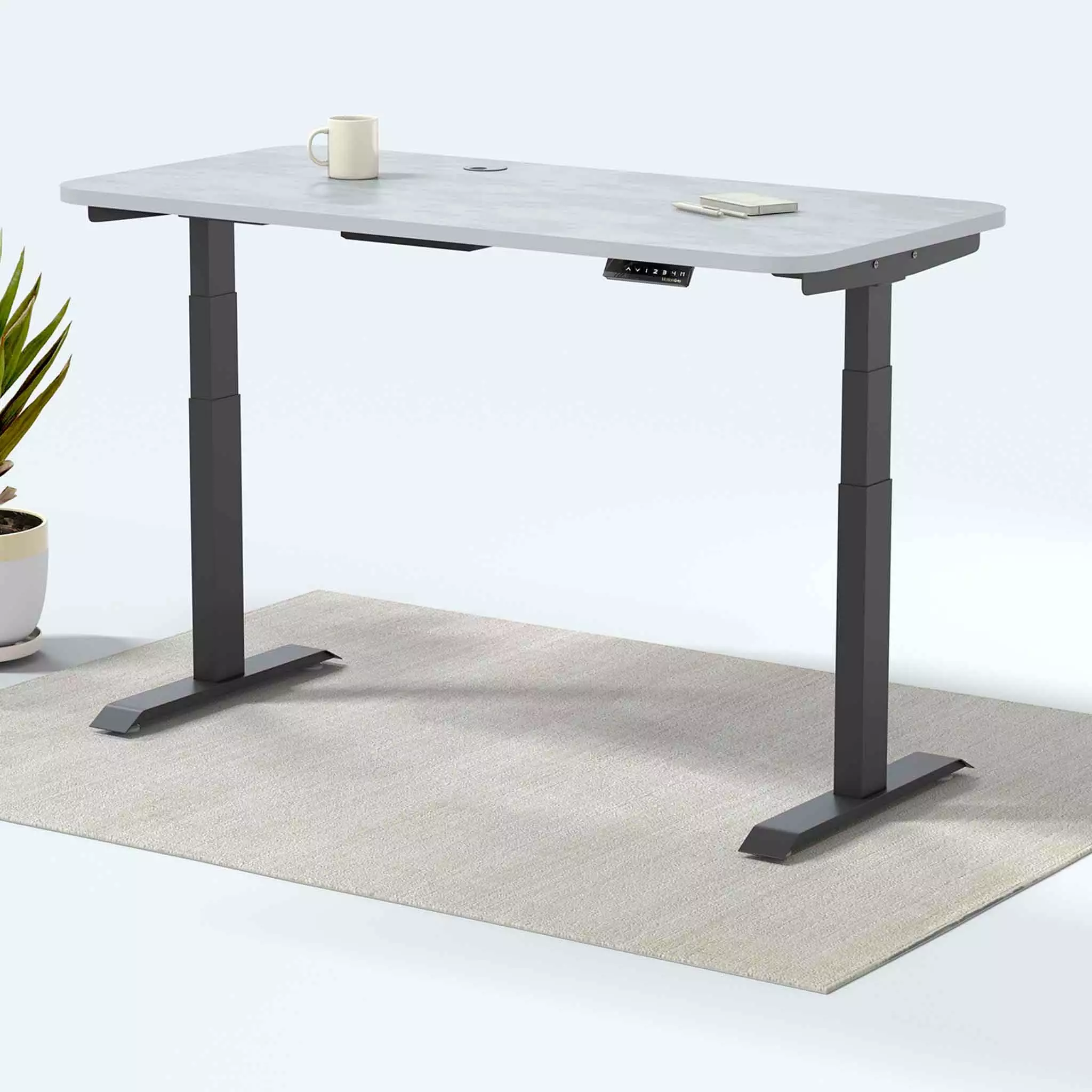 MotionGrey Height Adjustable German Electric Dual Motors Sit to Stand Desk Black Frame White Tabletop 140x71cm