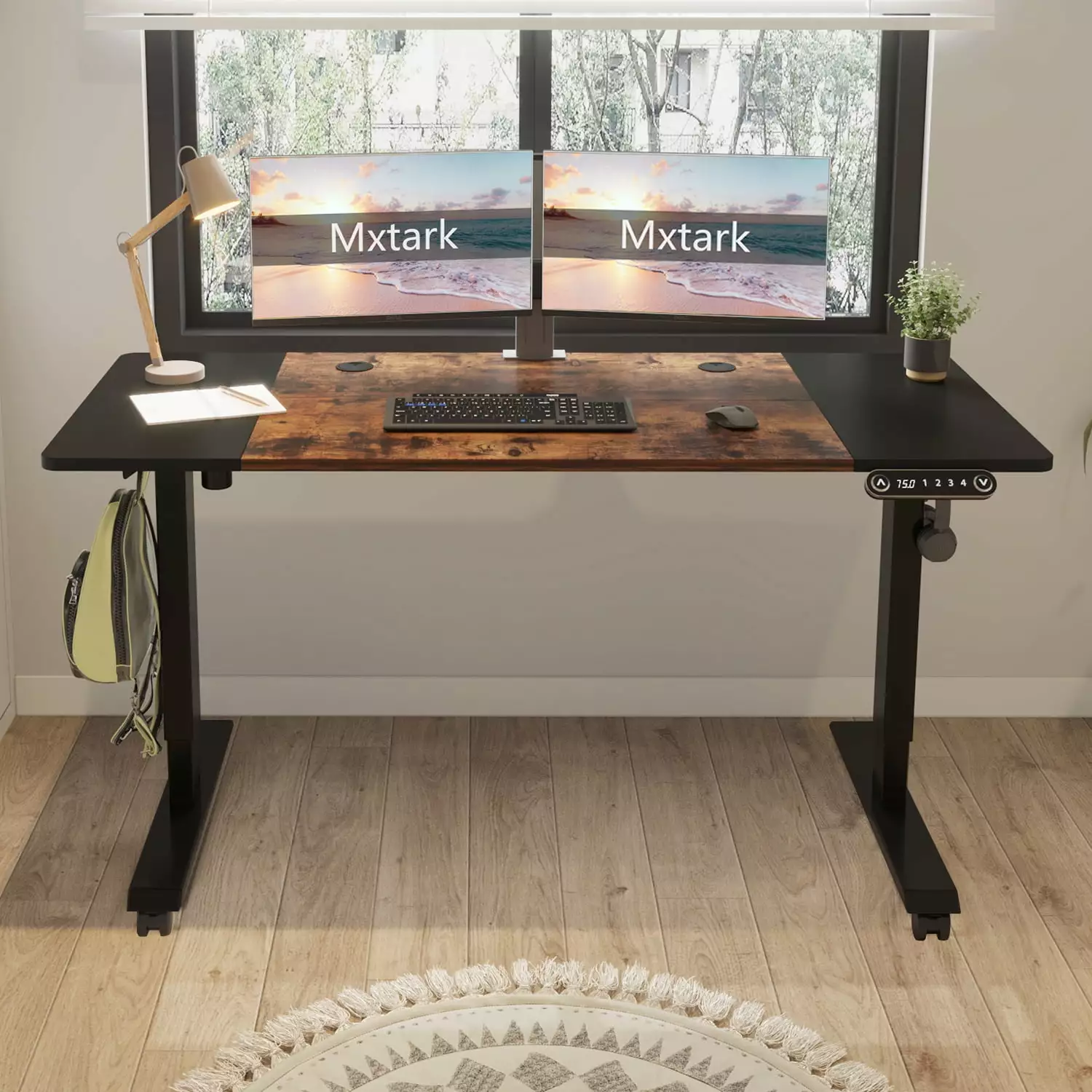 MXTARK 55'' Ergonomic Stand Up Desk Adjustable Height Black Frame and Brown Top