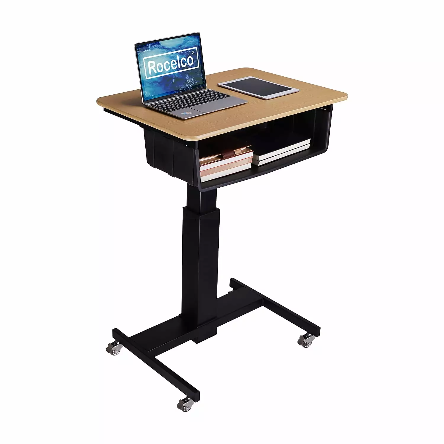 28 Adjustable Mobile School Standing Desk & Book Box Bundle Wood Grain Black Rocelco