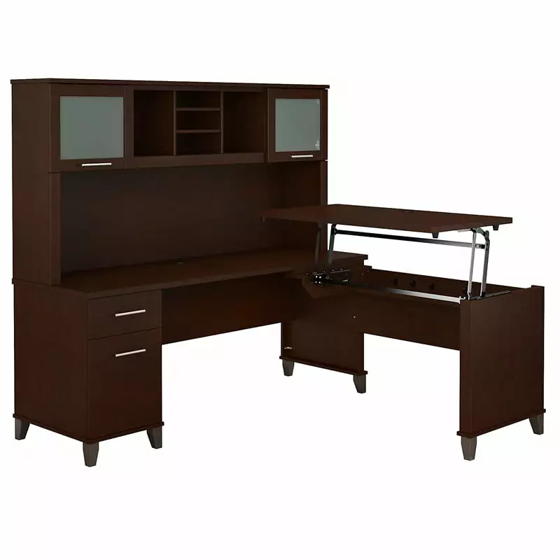 Scranton & Co Somerset 72W Sit Stand L Desk Hutch Mocha Cherry