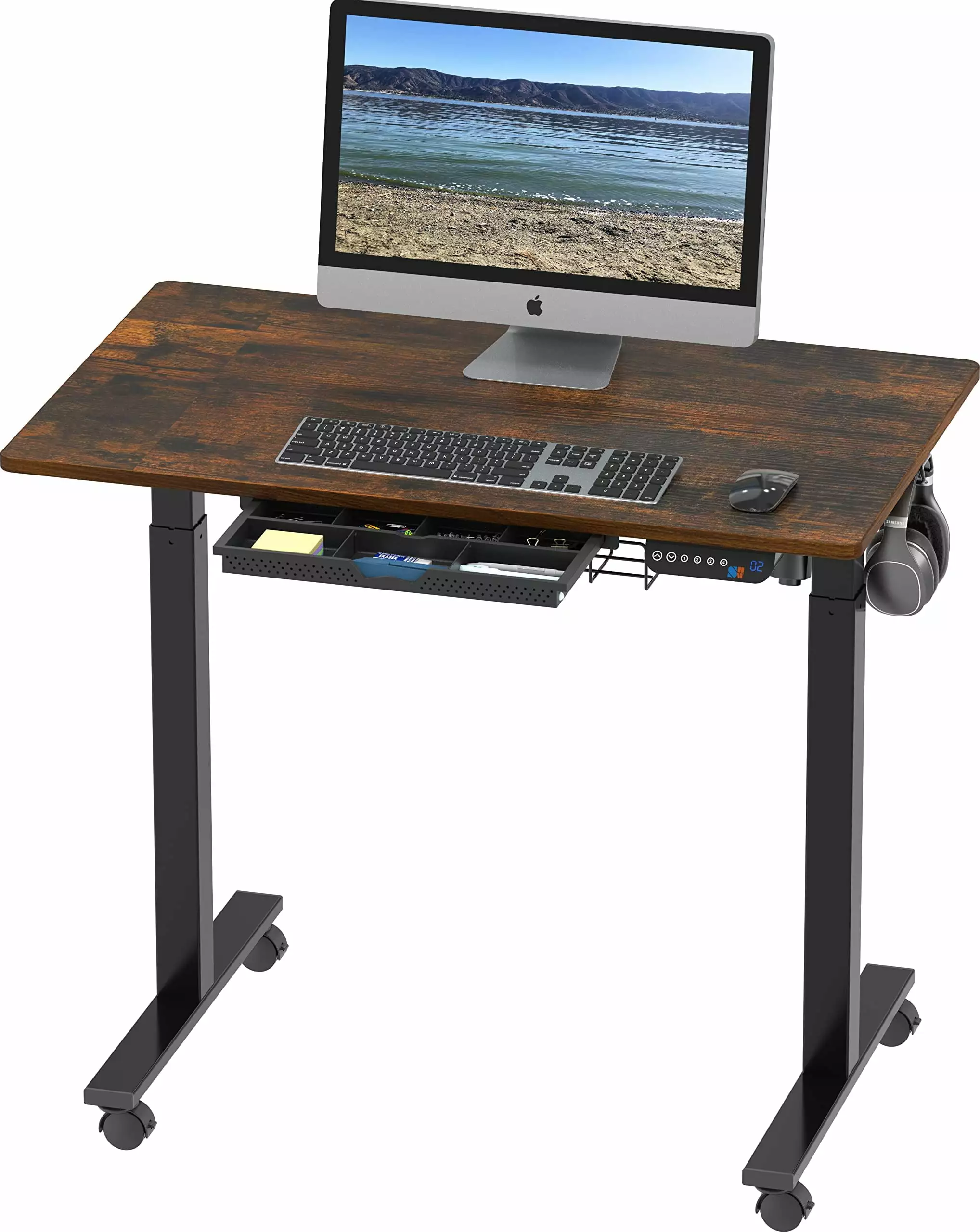 SHW 40-Inch Electric Height Adjustable Desk Drawer and Hooks Rustic Brown