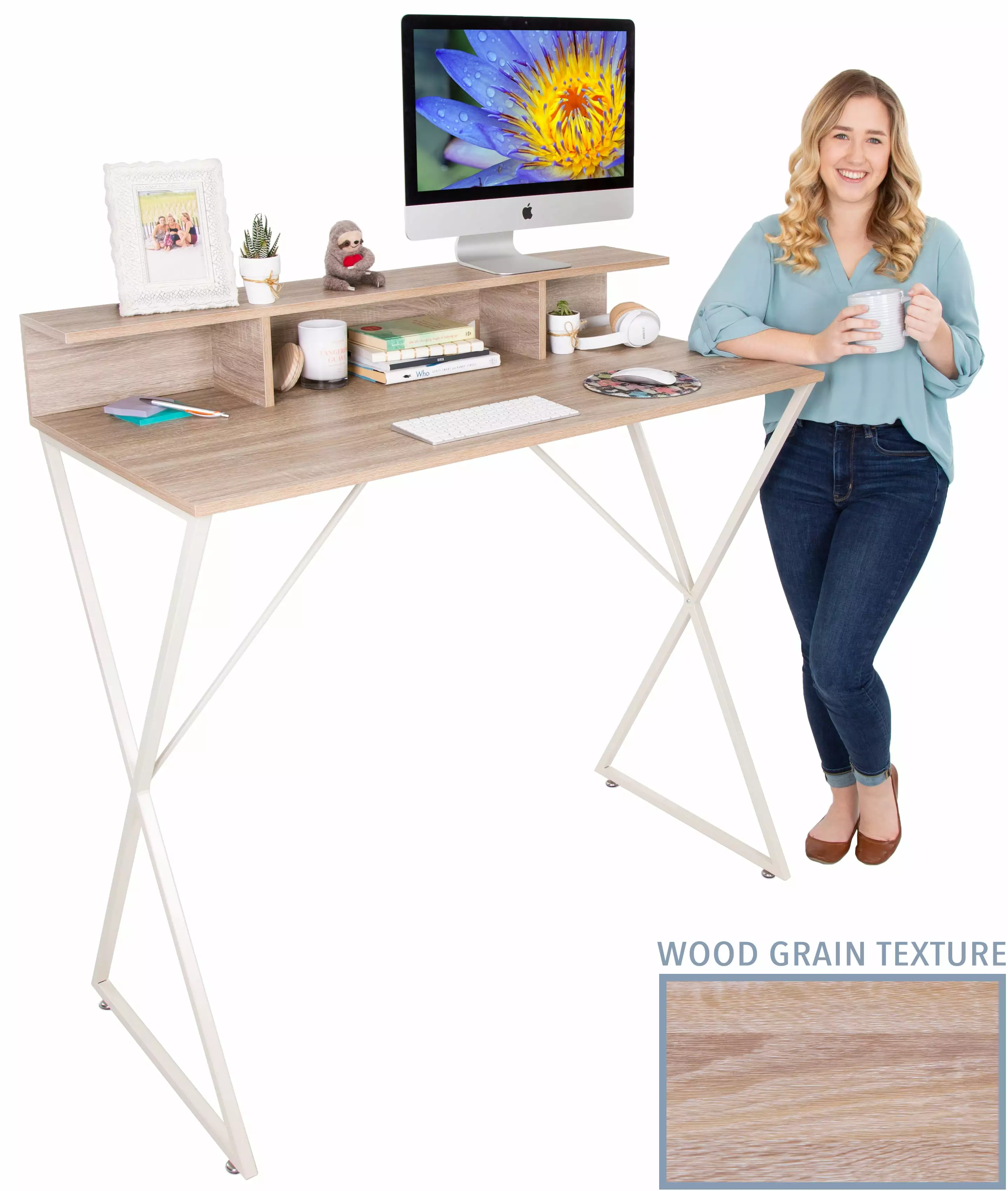Stand Steady Joy Desk Modern Stand Up Workstation Storage Cubbies Maple 48x42