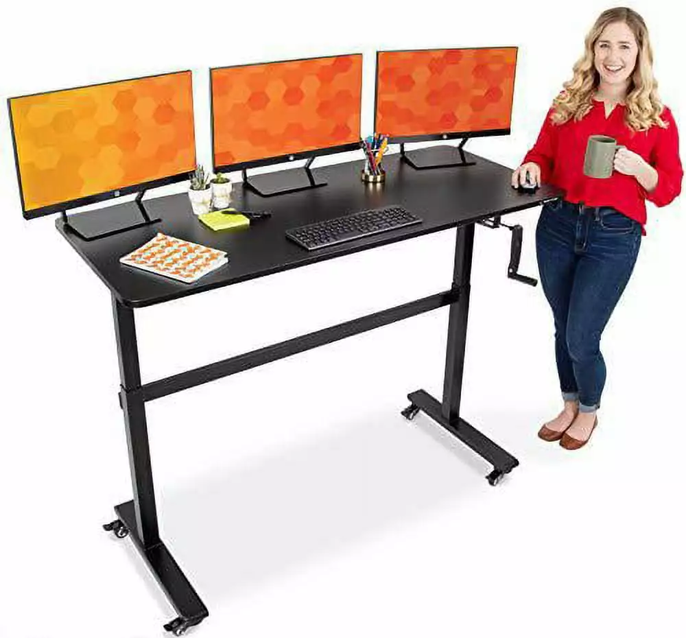 Stand Steady Tranzendesk 55 Inch Standing Desk Detachable Wheels Front Crank Manual Height Adjustable Sit Stand Desk Black