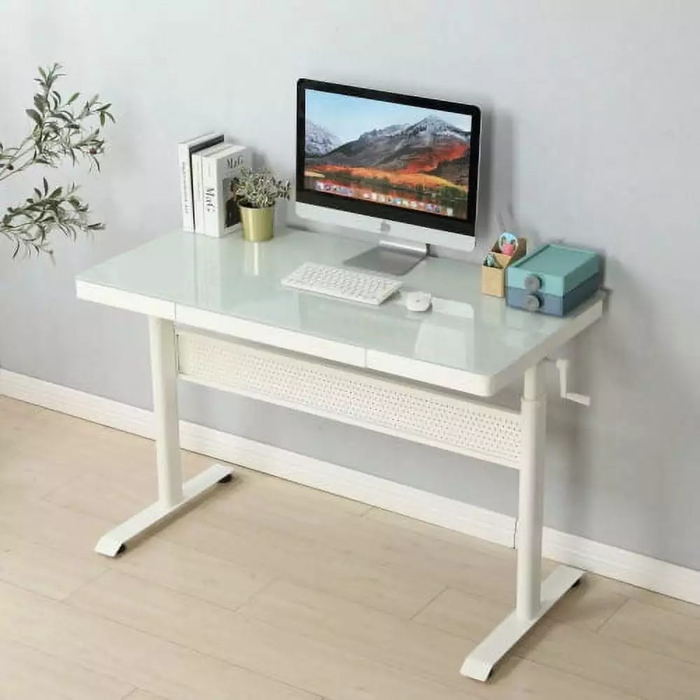 48x24 Inches Tempered Glass Standing Desk Metal Drawer Adjustable Height Stand Up Desk Super Dope