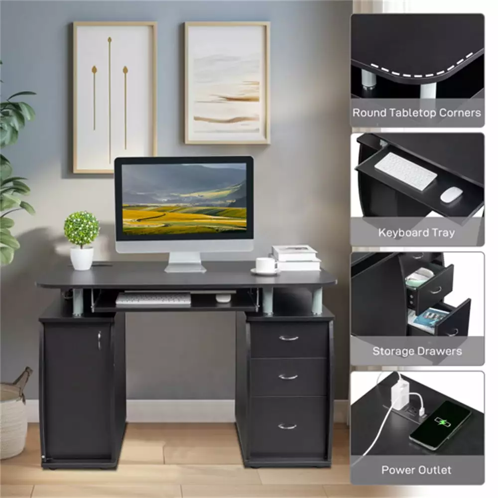 45.27 Black PB Wood Computer Desk Wireless Charging USB Ports Keyboard Tray THOWDEE