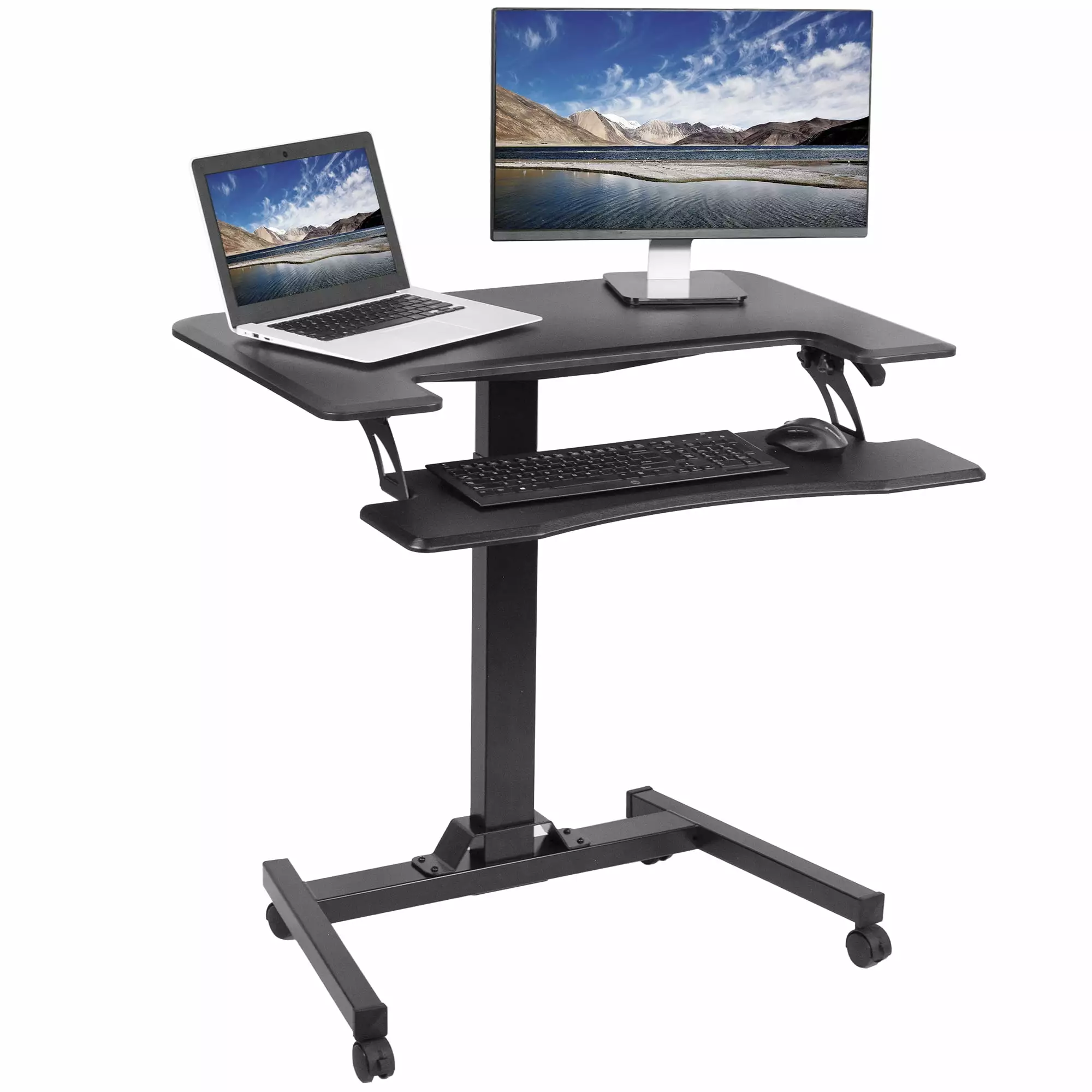 VIVO Black Pneumatic 36 Mobile Height Adjustable Two Platform Standing Desk