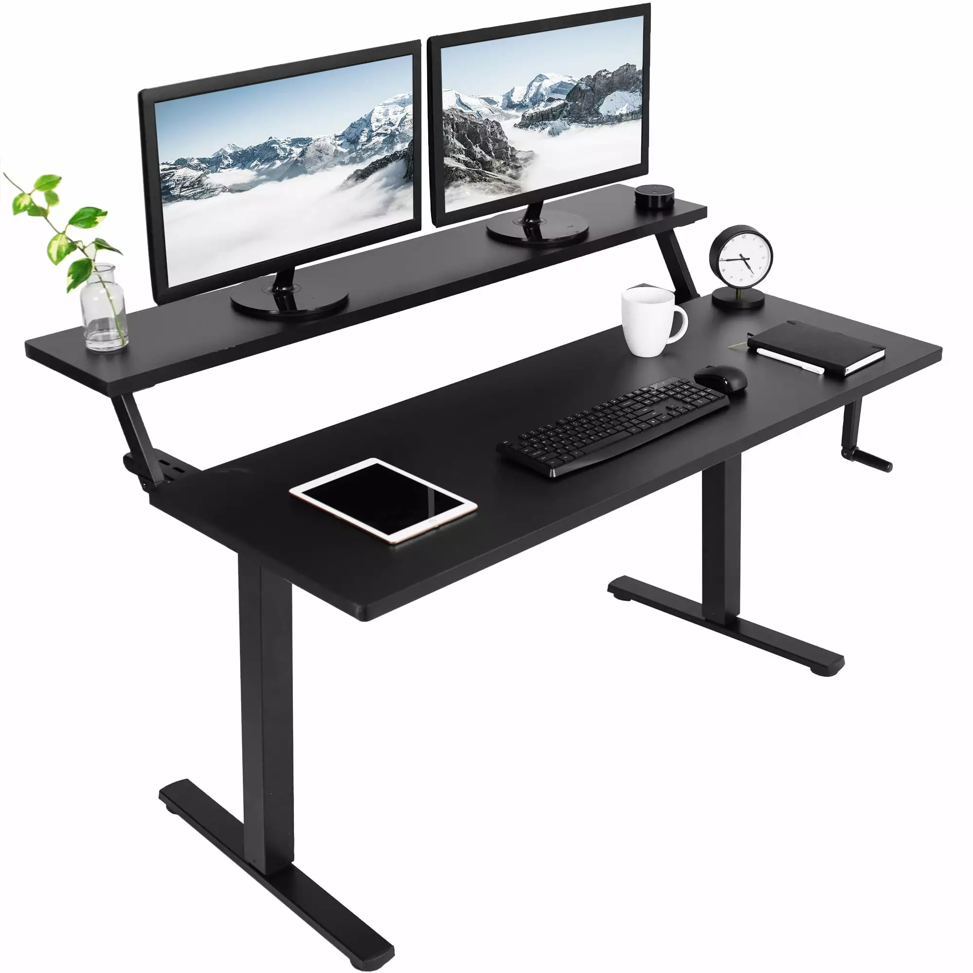 VIVO Manual 55x30 Stand Up Desk Black Dual Tier Table Top Black Frame