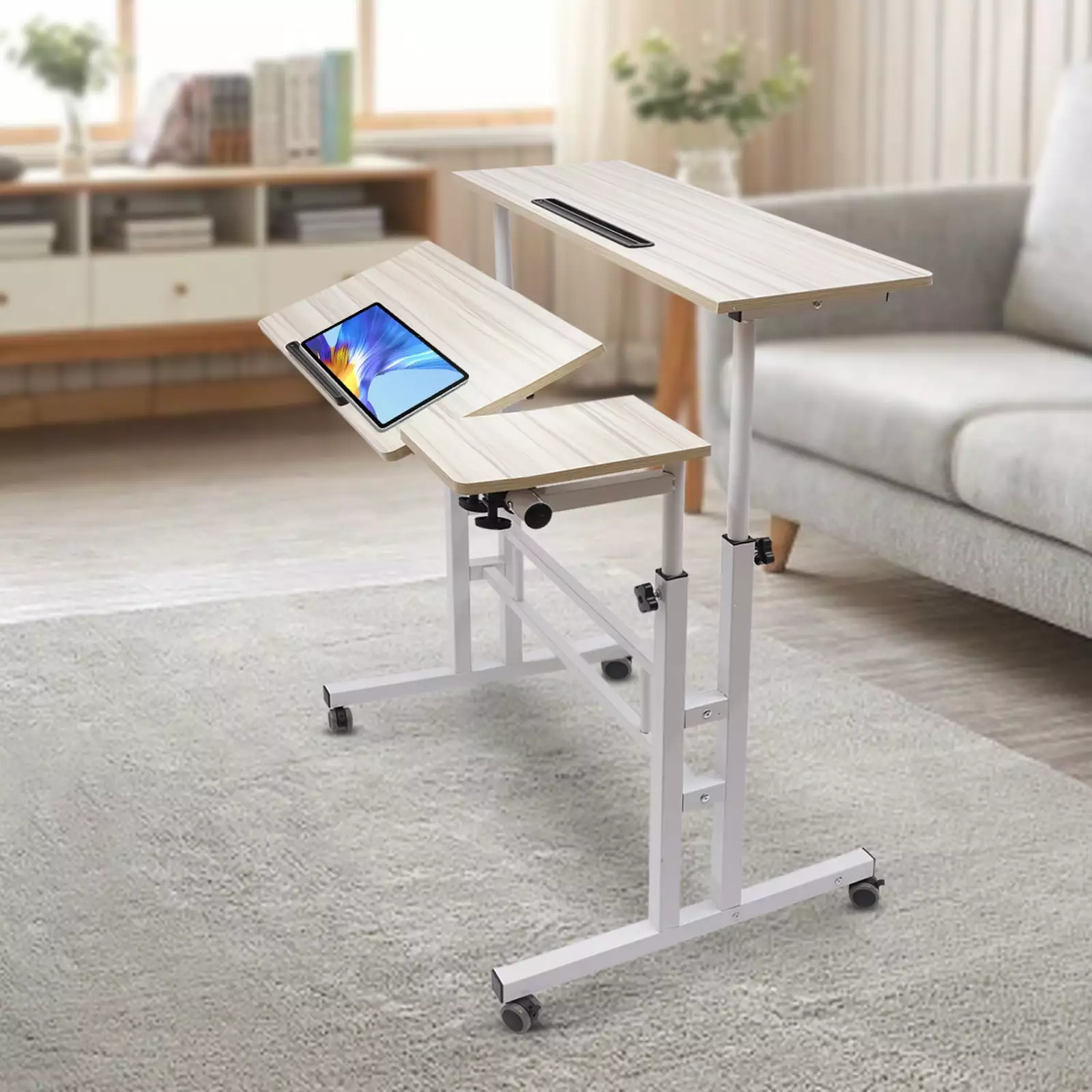 YIYIBYUS Adjustable Mobile Stand Up Desk 3 Desktops Rolling Table Footrest