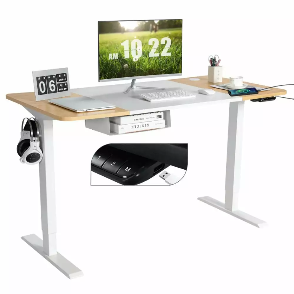 YYAo 55 x 28 Inch Ergonomic Electric Adjustable Standing Desk USB Port - Natural Wood Workstation