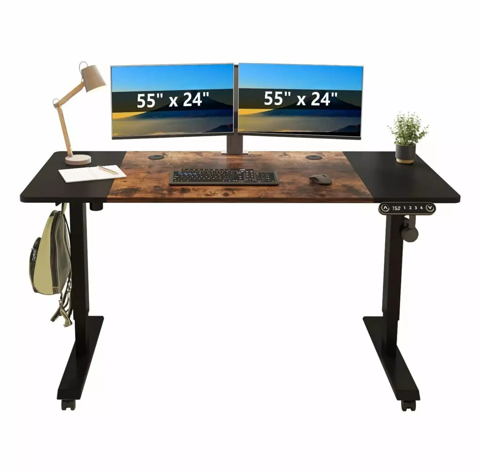 ZQRPCA Height Adjustable Electric Standing Desk - 55 x 24 Rustic Brown and Black Top Sit to Stand Desk