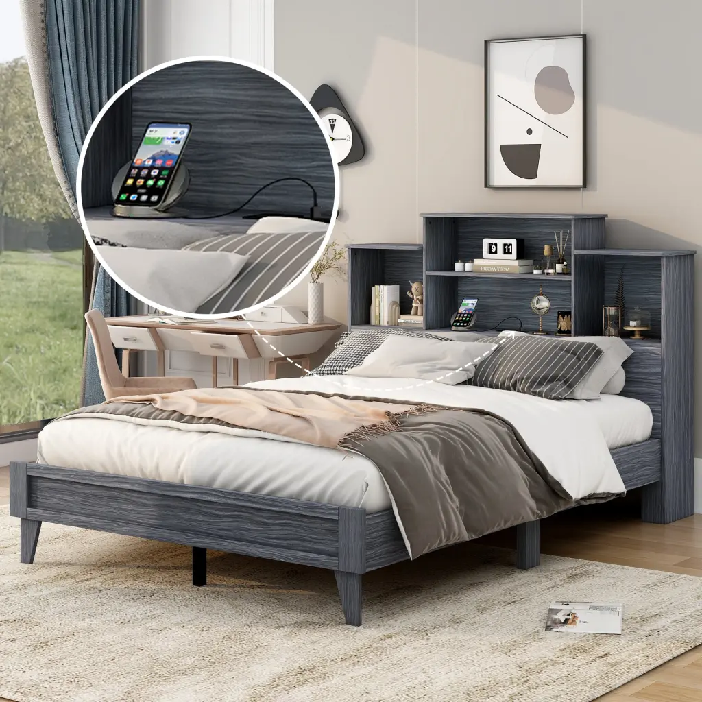 Queen Size Storage Platform Bed Frame 4 Open Storage Shelves wm store