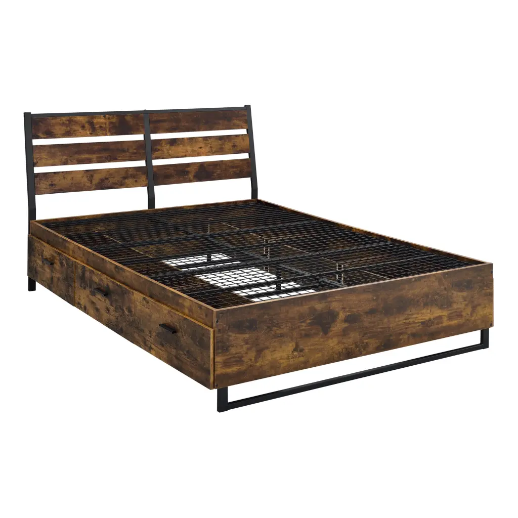 Rustic Oak And Black Storage Bed 6 Drawers Box Spring Not Required Queen Size Bed furniture max