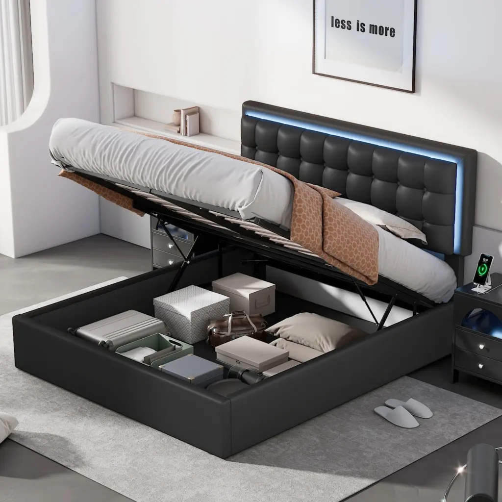 Queen Size Tufted Upholstered Platform Bed Hydraulic Storage System homey life
