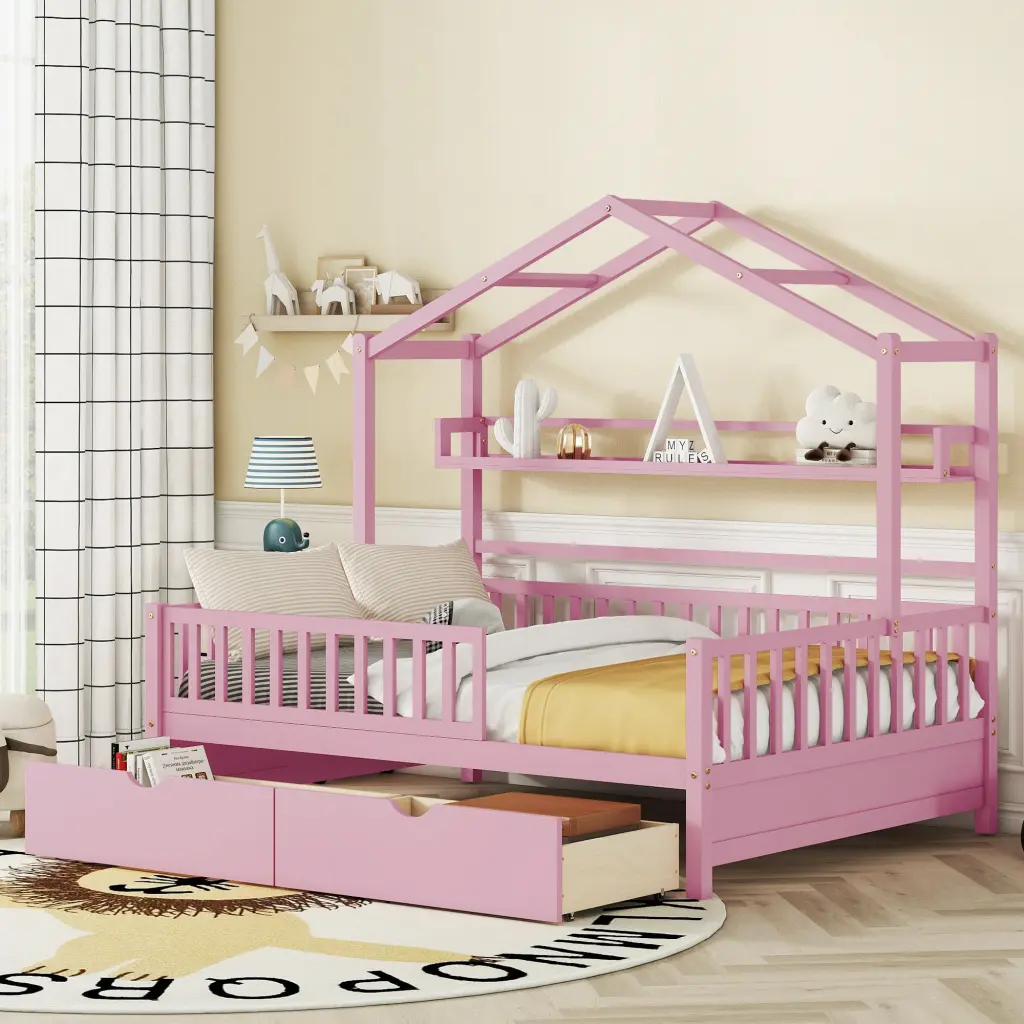 Wooden Full Size Houtilize Bed 2 Drawers Kids Bed Storage Shelf homey life