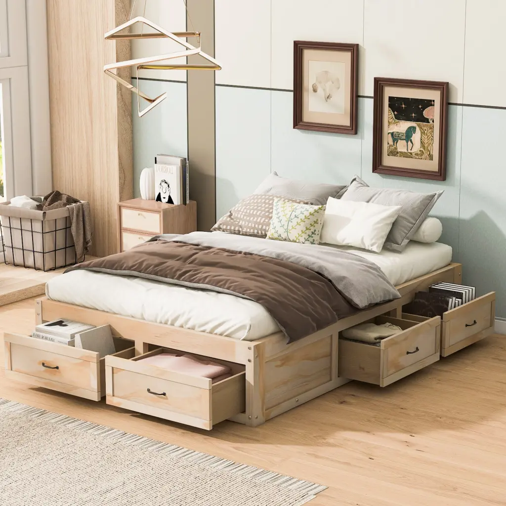 Full Size Platform Bed 6 Storage Drawers Antique Natural Finish lucky furniture