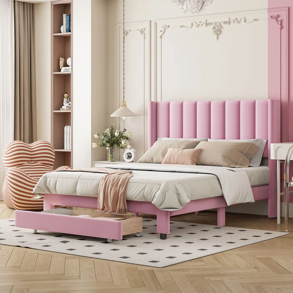 Full Size Storage Bed Velvet Upholstered Platform Bed Big Drawer lucky furniture