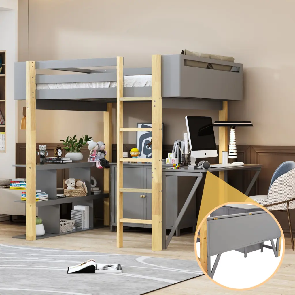 Full Size Wood Loft Bed Built- Storage Cabinet and Cubes Foldable Design lucky furniture