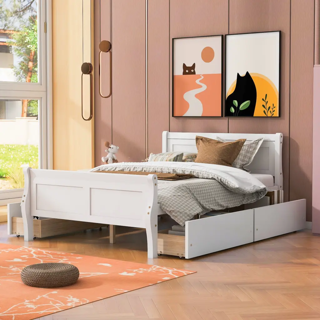Full Size Wood Platform Bed 4 Drawers And Simplified Headboard Storage Bed lucky furniture