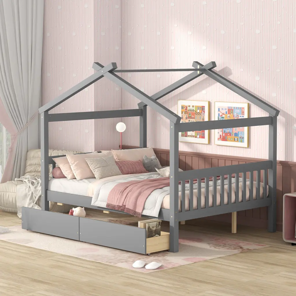 Full Size Wooden Houtilize Bed Drawers Gray Solid Wood Mdf Frame lucky furniture
