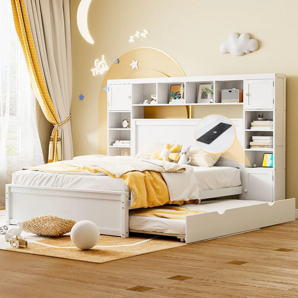 Queen Size Wooden Bed Built- Cabinet Shelf and USB Sockets Space Saver lucky furniture