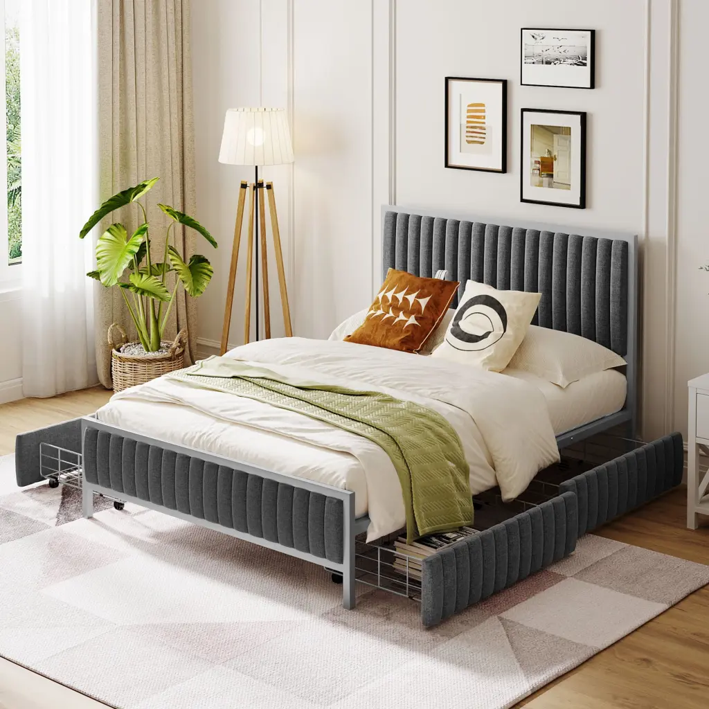 Full Size Metal Frame Upholstered Bed 4 Drawers Linen Fabric Storage Platform lucky world