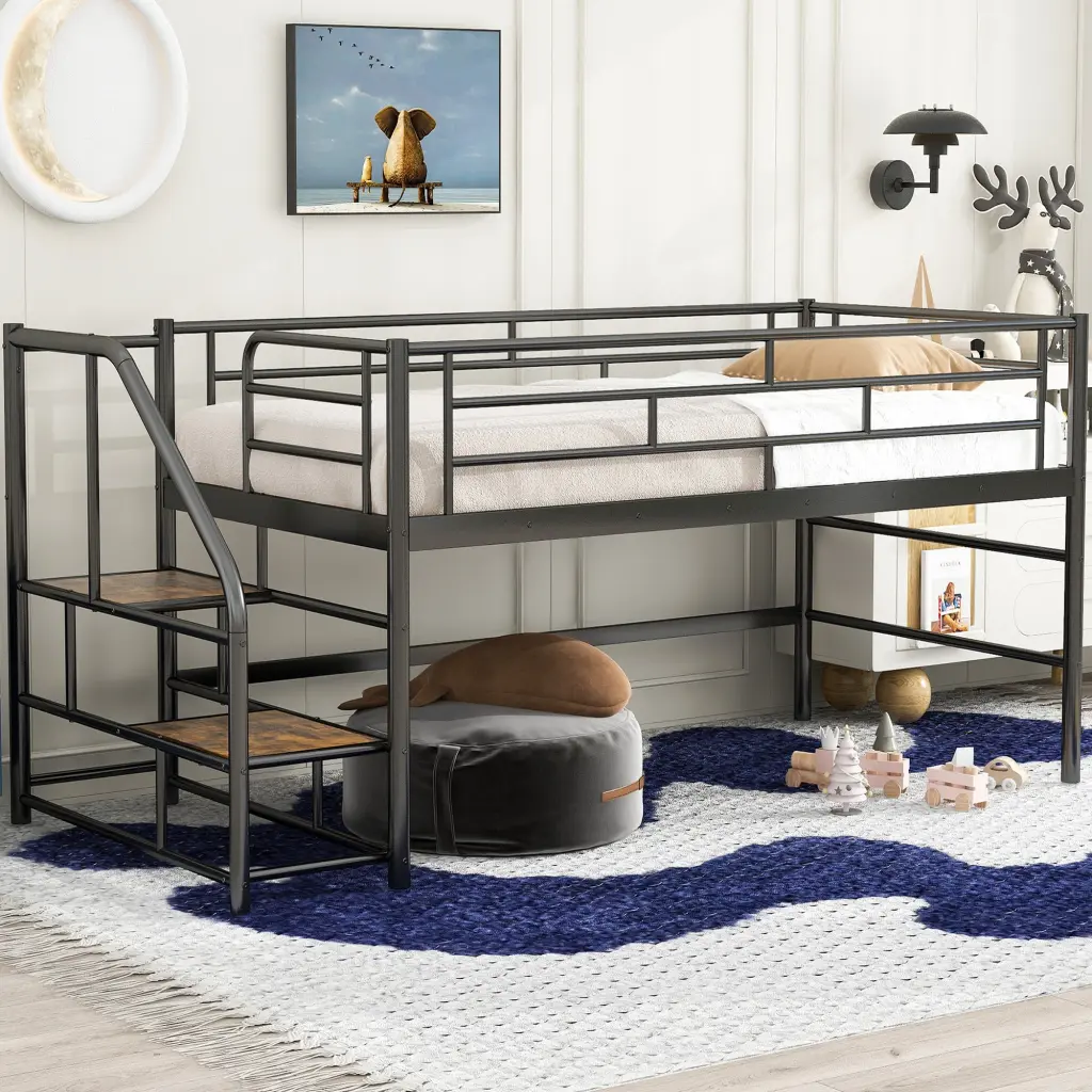 Mid Loft Bed Storage Stairs - Twin Size Black MDF and Metal Frame wm dreamland