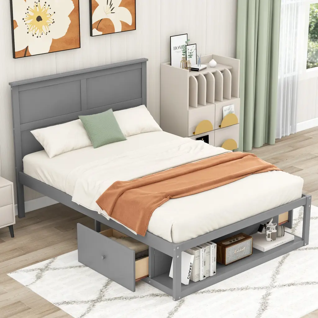 Full Size Platform Bed Drawer On Each Side And Shelf Storage wm store