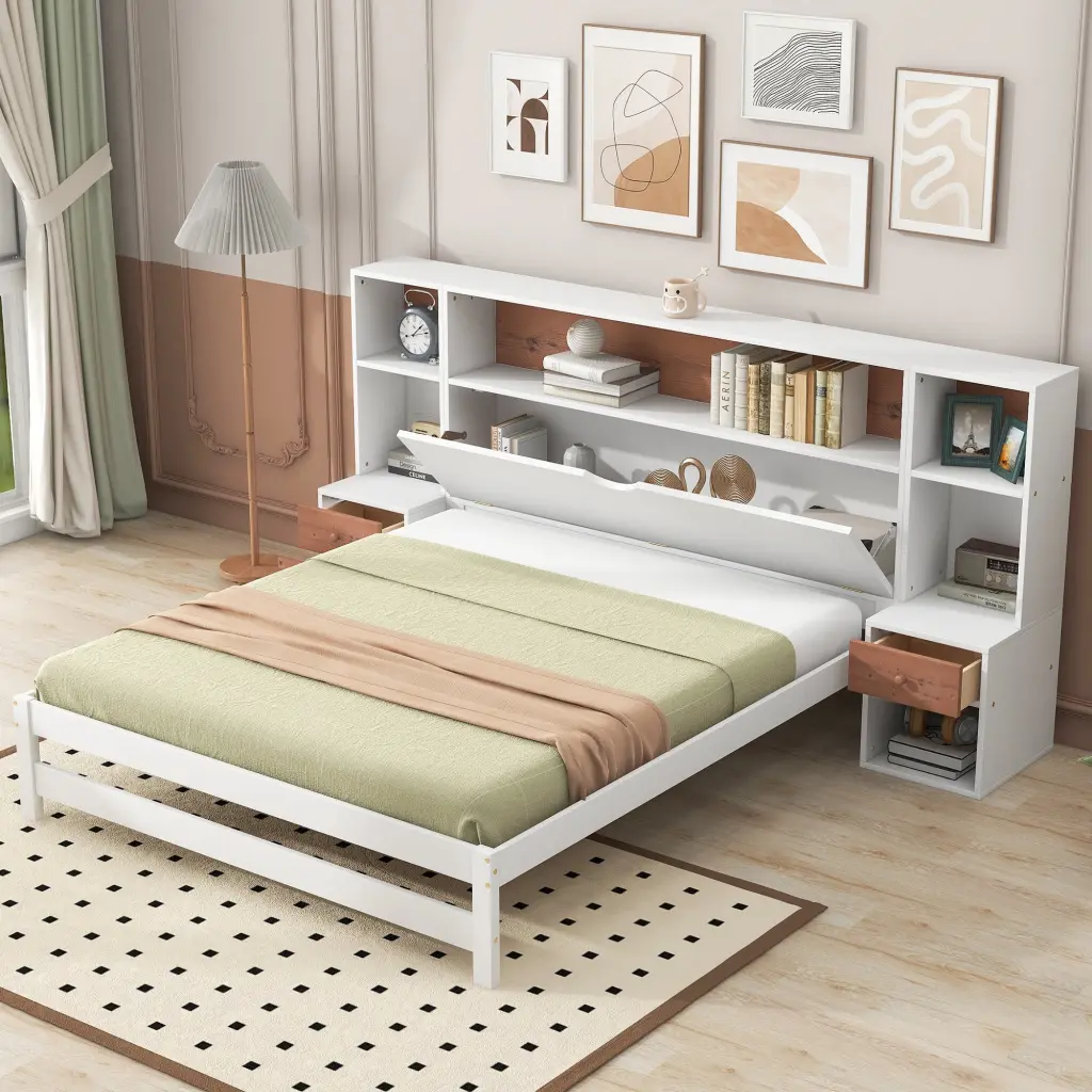 Full Size Platform Bed Storage Headboard And Drawers White Contemporary Design wm store