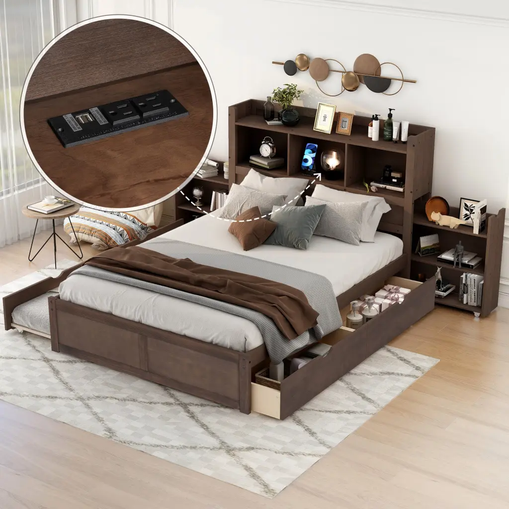 Full Size Storage Platform Bed Pull Out Shelves Twin Size Trundle Option wm store